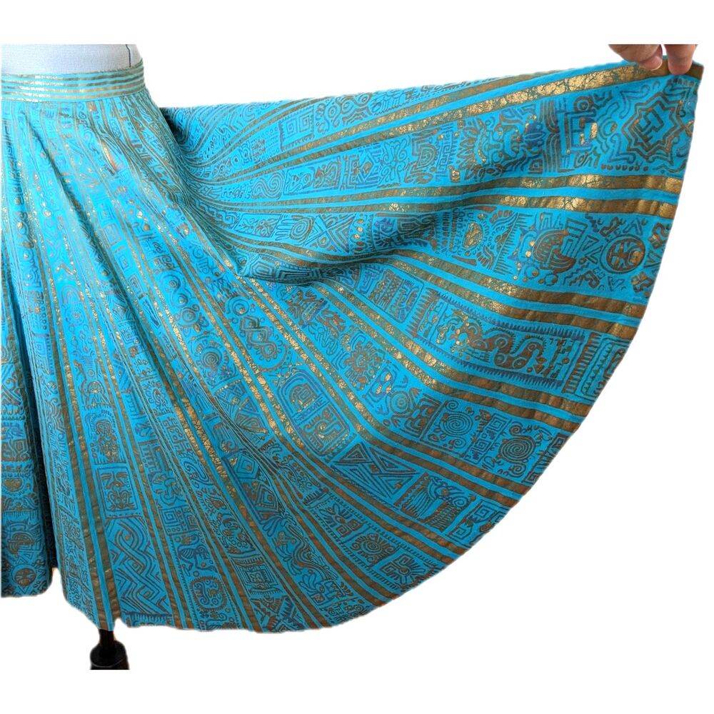1950s MAYA de MEXICO Mayan Hieroglyph Hand Painted Aqua/Gold Circle Skirt sz. XS